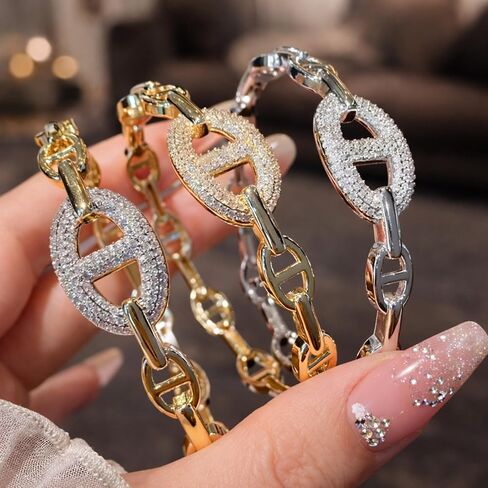 14K Gold Plated Cuff Bracelet for Women Chain Link Bangle Bracelet with Pavé CZ Center Anchor Link Style Minimalist Gold Jewelry in Saudi Arabia