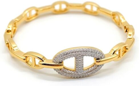 14K Gold Plated Cuff Bracelet for Women Chain Link Bangle Bracelet with Pavé CZ Center Anchor Link Style Minimalist Gold Jewelry in Saudi Arabia