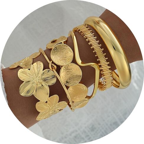 Mantveil 6PCS Chunky Gold Bangle Bracelets for Women, Dainty Gold Plated Cuff Bracelets, Boho Stackable Bangles Fashion Jewelry Gifts for Birthday Christmas Mother's Day in Saudi Arabia
