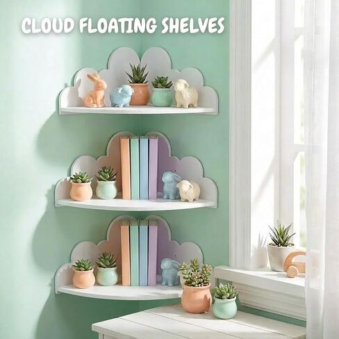 Cloud Floating Corner Shelves - Set of 3 Cloud Corner Wall Shelves for Kid’s Room White Floating Shelf Nursery Wall Deor Small Cute Clouds Dispaly Shelf for Toys Plants & Storage in Saudi Arabia