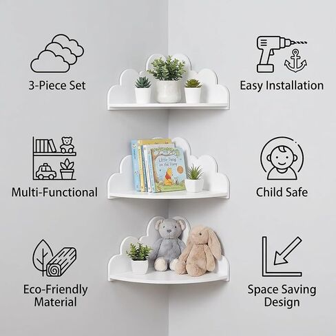 Cloud Floating Corner Shelves - Set of 3 Cloud Corner Wall Shelves for Kid’s Room White Floating Shelf Nursery Wall Deor Small Cute Clouds Dispaly Shelf for Toys Plants & Storage in Saudi Arabia
