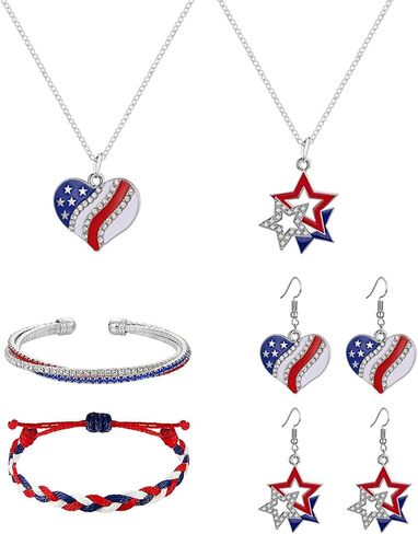 4th of July Necklace Earrings Bracelets Set American Flag Star Heart Pendant Necklace Dangle Earrings Dainty Rhinestone Red Blue White Bracelets Independence Day Patriotic Jewelry in Kuwait