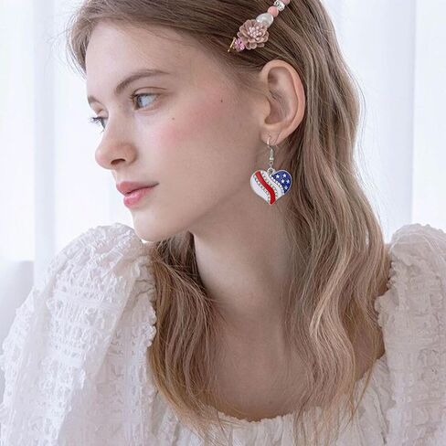 4th of July Necklace Earrings Bracelets Set American Flag Star Heart Pendant Necklace Dangle Earrings Dainty Rhinestone Red Blue White Bracelets Independence Day Patriotic Jewelry in Kuwait