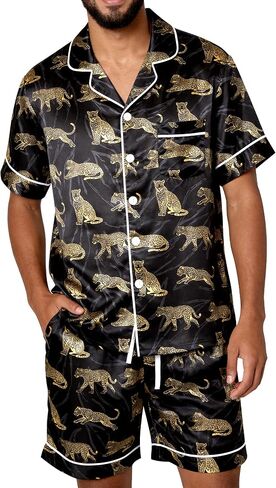 Mens Satin Silky Pajamas Set Summer Short Sleeve Sleepwear Button Down Pjs 2 Piece Loungewear with Pockets M-2XL in Saudi Arabia