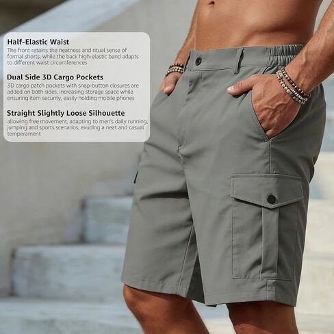 Men's Plus Size Cargo Summer Shorts Casual Elastic Waist Utility Mid Length Shorts with Button Flap Pockets in Kuwait