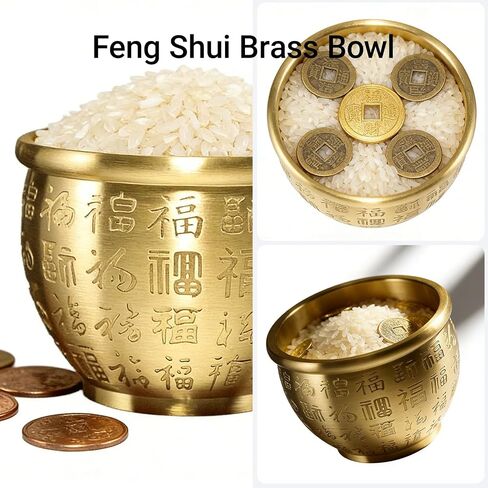 Feng Shui Brass Money Bowl, Hundred Fortunes Engraved Mini Rice Jar with 350 Gold Ingots, Antique Finish Solid Metal Wealth Jar (7x7x5cm) for Home Office Wealth Altar Decor, Prosperity Success Gift in Kuwait