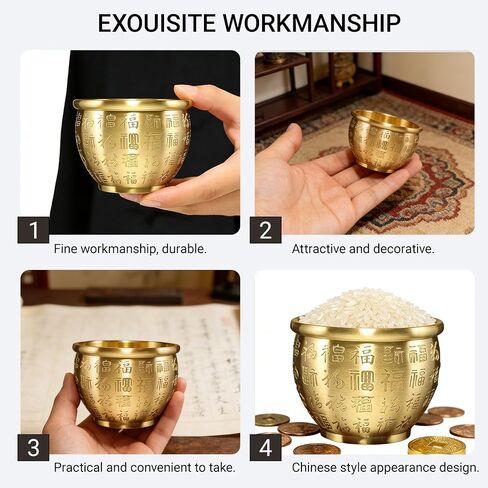 Feng Shui Brass Money Bowl, Hundred Fortunes Engraved Mini Rice Jar with 350 Gold Ingots, Antique Finish Solid Metal Wealth Jar (7x7x5cm) for Home Office Wealth Altar Decor, Prosperity Success Gift in Kuwait