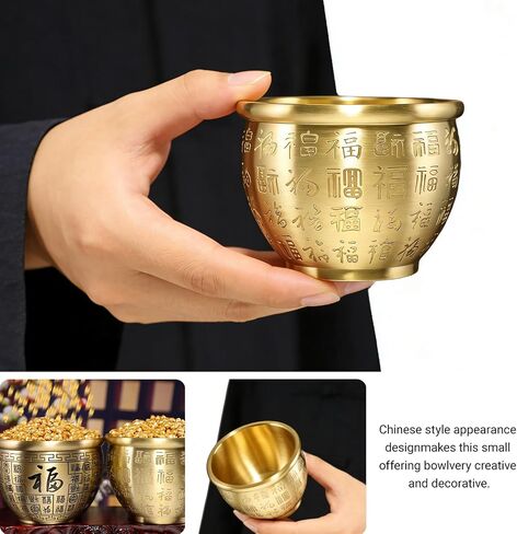 Feng Shui Brass Money Bowl, Hundred Fortunes Engraved Mini Rice Jar with 350 Gold Ingots, Antique Finish Solid Metal Wealth Jar (7x7x5cm) for Home Office Wealth Altar Decor, Prosperity Success Gift in Kuwait