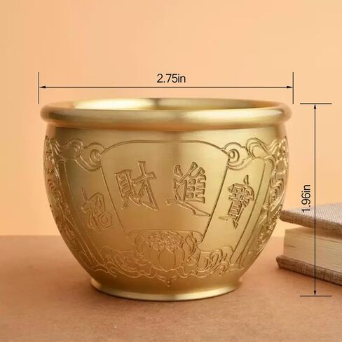 Feng Shui Brass Money Bowl, Hundred Fortunes Engraved Mini Rice Jar with 350 Gold Ingots, Antique Finish Solid Metal Wealth Jar (7x7x5cm) for Home Office Wealth Altar Decor, Prosperity Success Gift in Kuwait