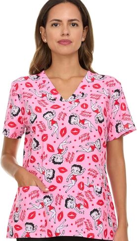 قميص COCO BRANDS Betty Boop النسائي مطبوع بالكامل، برقبة على شكل حرف V مع جيوب - زي عمل مريح in Kuwait