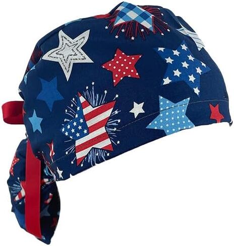 Ponytail Medical Scrub Cap - Patriotic Picnic - Ecstatic Stars - Turn Up Ponytail Scrub Hats, Dr. Hats, Nurses Hats. Scrub Hat for Women & Men tie Back | Working Cap with Holde in Kuwait