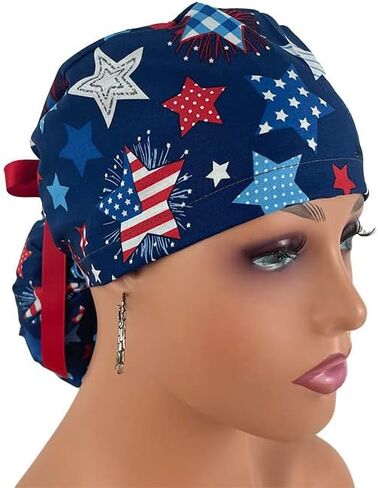 Ponytail Medical Scrub Cap - Patriotic Picnic - Ecstatic Stars - Turn Up Ponytail Scrub Hats, Dr. Hats, Nurses Hats. Scrub Hat for Women & Men tie Back | Working Cap with Holde in Kuwait