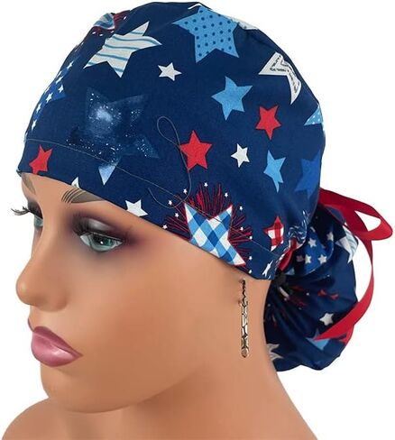 Ponytail Medical Scrub Cap - Patriotic Picnic - Ecstatic Stars - Turn Up Ponytail Scrub Hats, Dr. Hats, Nurses Hats. Scrub Hat for Women & Men tie Back | Working Cap with Holde in Kuwait