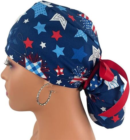 Ponytail Medical Scrub Cap - Patriotic Picnic - Ecstatic Stars - Turn Up Ponytail Scrub Hats, Dr. Hats, Nurses Hats. Scrub Hat for Women & Men tie Back | Working Cap with Holde in Kuwait