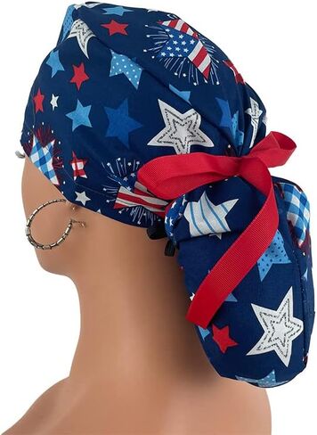 Ponytail Medical Scrub Cap - Patriotic Picnic - Ecstatic Stars - Turn Up Ponytail Scrub Hats, Dr. Hats, Nurses Hats. Scrub Hat for Women & Men tie Back | Working Cap with Holde in Kuwait