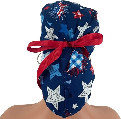 Ponytail Medical Scrub Cap - Patriotic Picnic - Ecstatic Stars - Turn Up Ponytail Scrub Hats, Dr. Hats, Nurses Hats. Scrub Hat for Women & Men tie Back | Working Cap with Holde in Kuwait