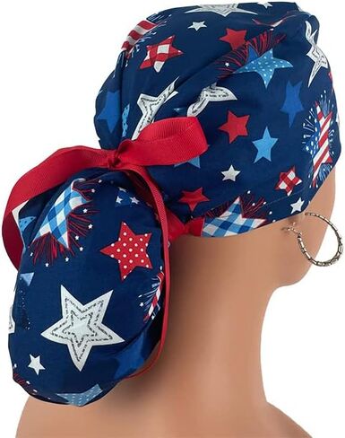 Ponytail Medical Scrub Cap - Patriotic Picnic - Ecstatic Stars - Turn Up Ponytail Scrub Hats, Dr. Hats, Nurses Hats. Scrub Hat for Women & Men tie Back | Working Cap with Holde in Kuwait