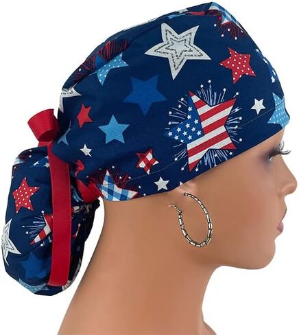 Ponytail Medical Scrub Cap - Patriotic Picnic - Ecstatic Stars - Turn Up Ponytail Scrub Hats, Dr. Hats, Nurses Hats. Scrub Hat for Women & Men tie Back | Working Cap with Holde in Kuwait