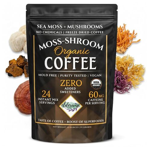 Elderwise Coffee with Mushrooms & Sea Moss - Lion's Mane, Chaga, Reishi & Cordyceps - 24 Servings - Healthy Coffee - Freeze Dried Instant - Chemical free - Fair Trade in Saudi Arabia