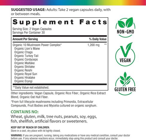 Rainbow Light Mushroom Complex Supplement | 60 Capsules | Made with 10 Potent Mushrooms | Includes Lions Mane, Chaga, Shiitake, Reishi & More | Non-GMO and Gluten Free in Saudi Arabia