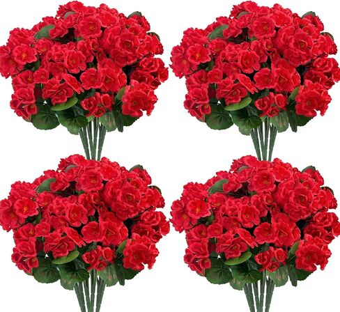 Artificial Flowers for Outdoors, Realistic Fake Flowers UV Resistant Silk Geraniums Faux Flowers for Planter Window Box Balcony Outdoor Garden Outside Artificial Plants Outdoor Decoration, 4 Pcs Red in Kuwait