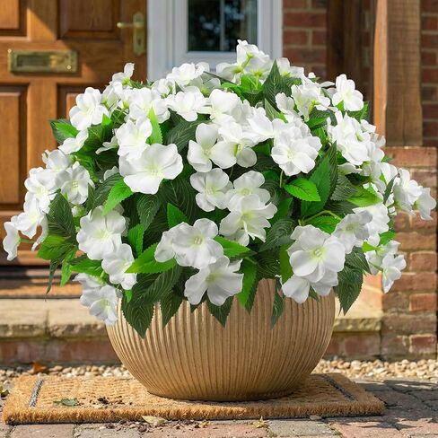 Daynight 4 قطع من زهور Impatiens الاصطناعية للزهور الخارجية المقاومة للأشعة فوق البنفسجية والزهور الحمراء الصناعية Impatiens شجيرات الحرير باقة زهور صناعية لديكور الفناء والحديقة والشرفة (4، أحمر) in Kuwait