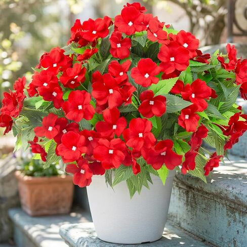Daynight 4 قطع من زهور Impatiens الاصطناعية للزهور الخارجية المقاومة للأشعة فوق البنفسجية والزهور الحمراء الصناعية Impatiens شجيرات الحرير باقة زهور صناعية لديكور الفناء والحديقة والشرفة (4، أحمر) in Kuwait