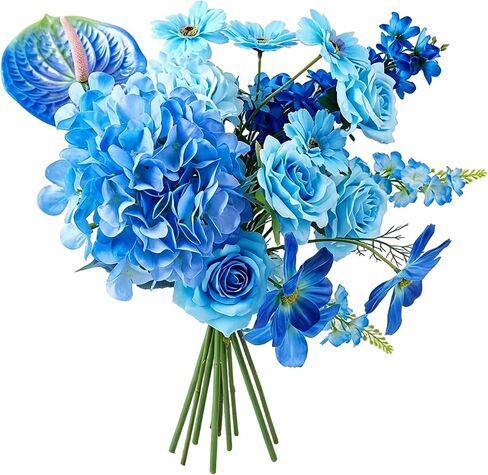 Artificial Flower Bouquet, 35.5" Long Stems Hydrangea, Rose & Larkspur, 8 Stems Realistic Silk Floral Centerpiece, Artificial Flowers for Spring Vase Arrangements, Home Wedding & Patio Table (Blue) in Saudi Arabia