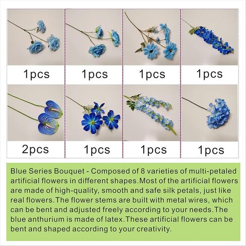 Artificial Flower Bouquet, 35.5" Long Stems Hydrangea, Rose & Larkspur, 8 Stems Realistic Silk Floral Centerpiece, Artificial Flowers for Spring Vase Arrangements, Home Wedding & Patio Table (Blue) in Saudi Arabia