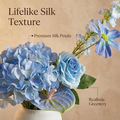 Artificial Flower Bouquet, 35.5" Long Stems Hydrangea, Rose & Larkspur, 8 Stems Realistic Silk Floral Centerpiece, Artificial Flowers for Spring Vase Arrangements, Home Wedding & Patio Table (Blue) in Saudi Arabia
