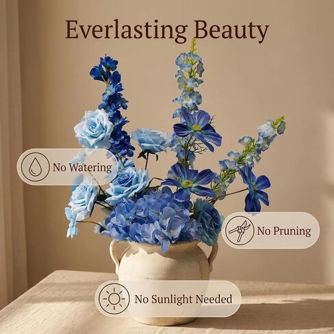 Artificial Flower Bouquet, 35.5" Long Stems Hydrangea, Rose & Larkspur, 8 Stems Realistic Silk Floral Centerpiece, Artificial Flowers for Spring Vase Arrangements, Home Wedding & Patio Table (Blue) in Saudi Arabia