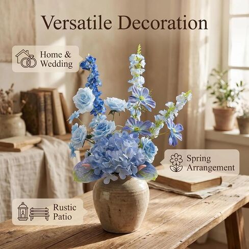 Artificial Flower Bouquet, 35.5" Long Stems Hydrangea, Rose & Larkspur, 8 Stems Realistic Silk Floral Centerpiece, Artificial Flowers for Spring Vase Arrangements, Home Wedding & Patio Table (Blue) in Saudi Arabia