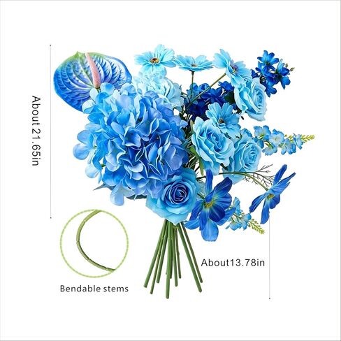 Artificial Flower Bouquet, 35.5" Long Stems Hydrangea, Rose & Larkspur, 8 Stems Realistic Silk Floral Centerpiece, Artificial Flowers for Spring Vase Arrangements, Home Wedding & Patio Table (Blue) in Saudi Arabia