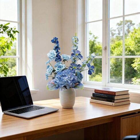 Artificial Flower Bouquet, 35.5" Long Stems Hydrangea, Rose & Larkspur, 8 Stems Realistic Silk Floral Centerpiece, Artificial Flowers for Spring Vase Arrangements, Home Wedding & Patio Table (Blue) in Saudi Arabia