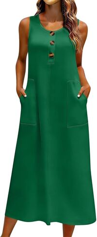 Womens Dress with Button Pockets Summer Sleeveless Midi Dress Lightweight Casual Solid Color Flowy Beach Dresses in Saudi Arabia