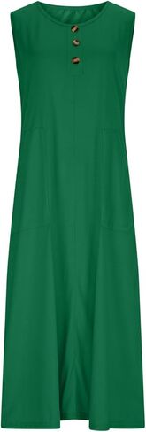 Womens Dress with Button Pockets Summer Sleeveless Midi Dress Lightweight Casual Solid Color Flowy Beach Dresses in Saudi Arabia