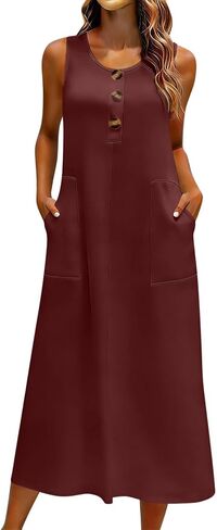 Womens Dress with Button Pockets Summer Sleeveless Midi Dress Lightweight Casual Solid Color Flowy Beach Dresses in Saudi Arabia