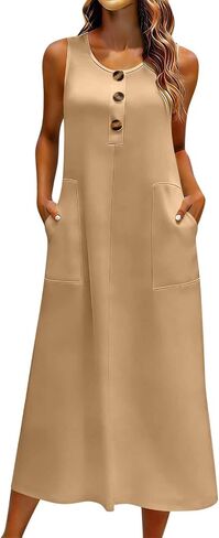 Womens Dress with Button Pockets Summer Sleeveless Midi Dress Lightweight Casual Solid Color Flowy Beach Dresses in Saudi Arabia