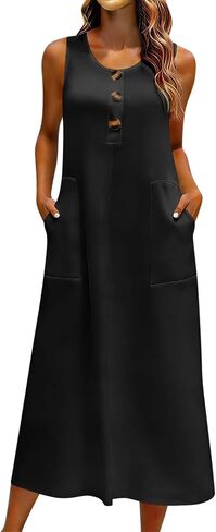 Womens Dress with Button Pockets Summer Sleeveless Midi Dress Lightweight Casual Solid Color Flowy Beach Dresses in Saudi Arabia