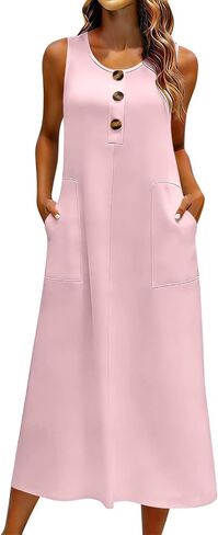Womens Dress with Button Pockets Summer Sleeveless Midi Dress Lightweight Casual Solid Color Flowy Beach Dresses in Saudi Arabia