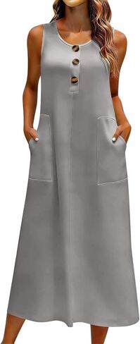 Womens Dress with Button Pockets Summer Sleeveless Midi Dress Lightweight Casual Solid Color Flowy Beach Dresses in Saudi Arabia