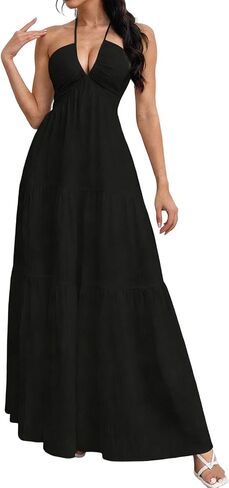 Dress for Women Summer Lightweight Casual Solid Color Flowy Beach Dresses Spaghetti Strap Tiered Maxi Dress in Saudi Arabia