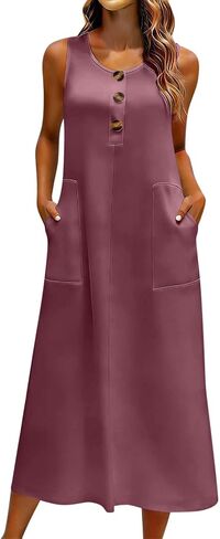 Womens Dress with Button Pockets Summer Sleeveless Midi Dress Lightweight Casual Solid Color Flowy Beach Dresses in Saudi Arabia