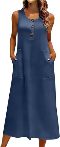 Womens Dress with Button Pockets Summer Sleeveless Midi Dress Lightweight Casual Solid Color Flowy Beach Dresses in Saudi Arabia