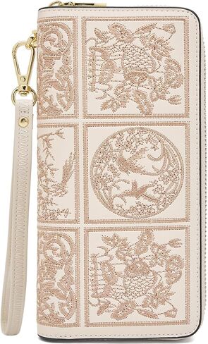 FOXLOVER Wallets for Women RFID Blocking Embroidery Leather Women's Wallet Zip Wristlet Clutch(Apricot) in Saudi Arabia