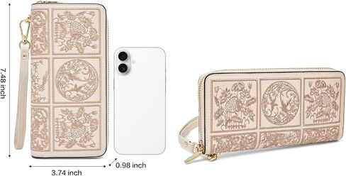 FOXLOVER Wallets for Women RFID Blocking Embroidery Leather Women's Wallet Zip Wristlet Clutch(Apricot) in Saudi Arabia