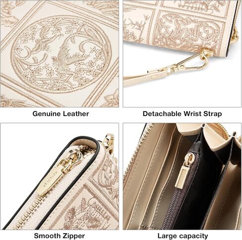 FOXLOVER Wallets for Women RFID Blocking Embroidery Leather Women's Wallet Zip Wristlet Clutch(Apricot) in Saudi Arabia