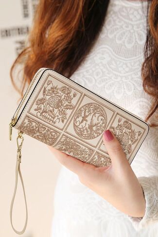 FOXLOVER Wallets for Women RFID Blocking Embroidery Leather Women's Wallet Zip Wristlet Clutch(Apricot) in Saudi Arabia