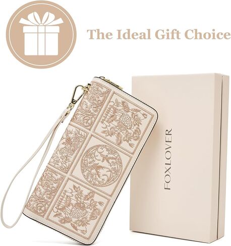 FOXLOVER Wallets for Women RFID Blocking Embroidery Leather Women's Wallet Zip Wristlet Clutch(Apricot) in Saudi Arabia