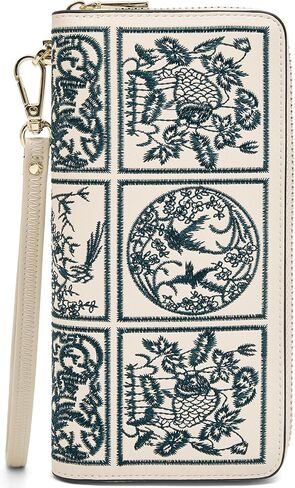 FOXLOVER Wallets for Women RFID Blocking Embroidery Leather Women's Wallet Zip Wristlet Clutch(Apricot) in Saudi Arabia